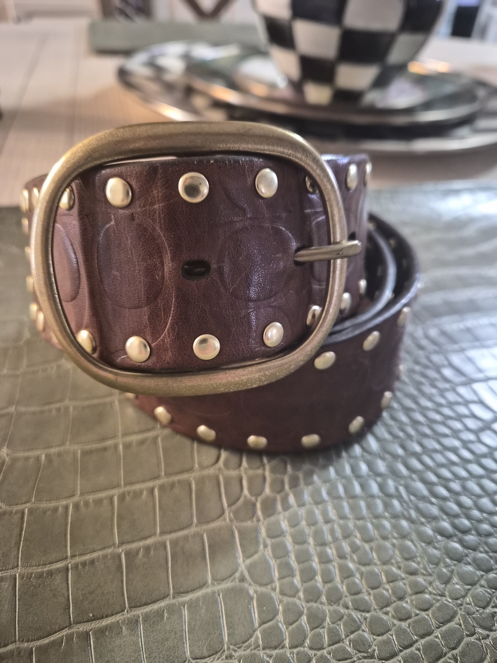 Coach Brown Leather Studded Belt with Antique Gold Buckle